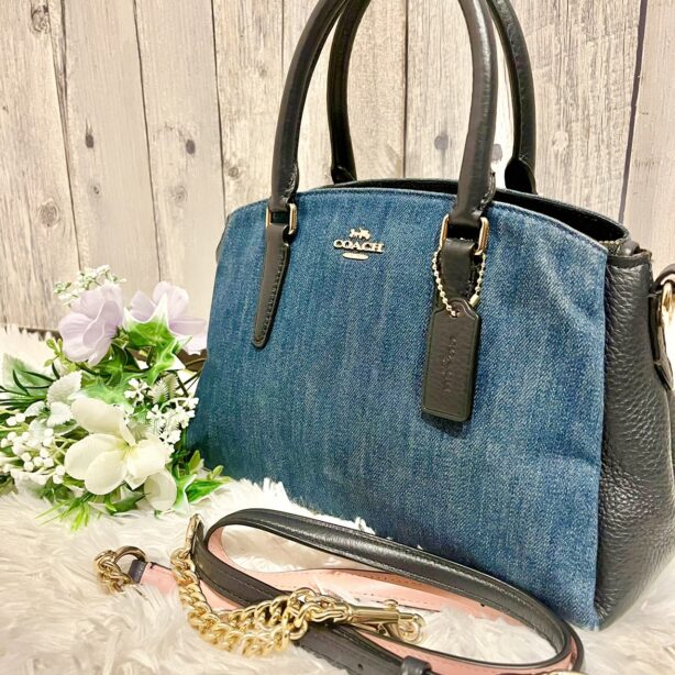 coach コーチ デニム レザー インディゴ ロゴ 2way